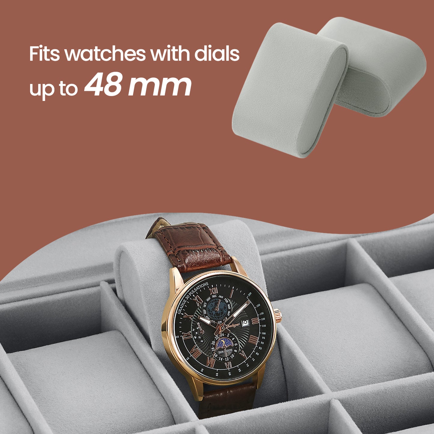 10-Slot Watch Box with Large Glass Lid & Removable Pillows, Luxury Watch Organizer Case, Durable Synthetic Leather, Gray