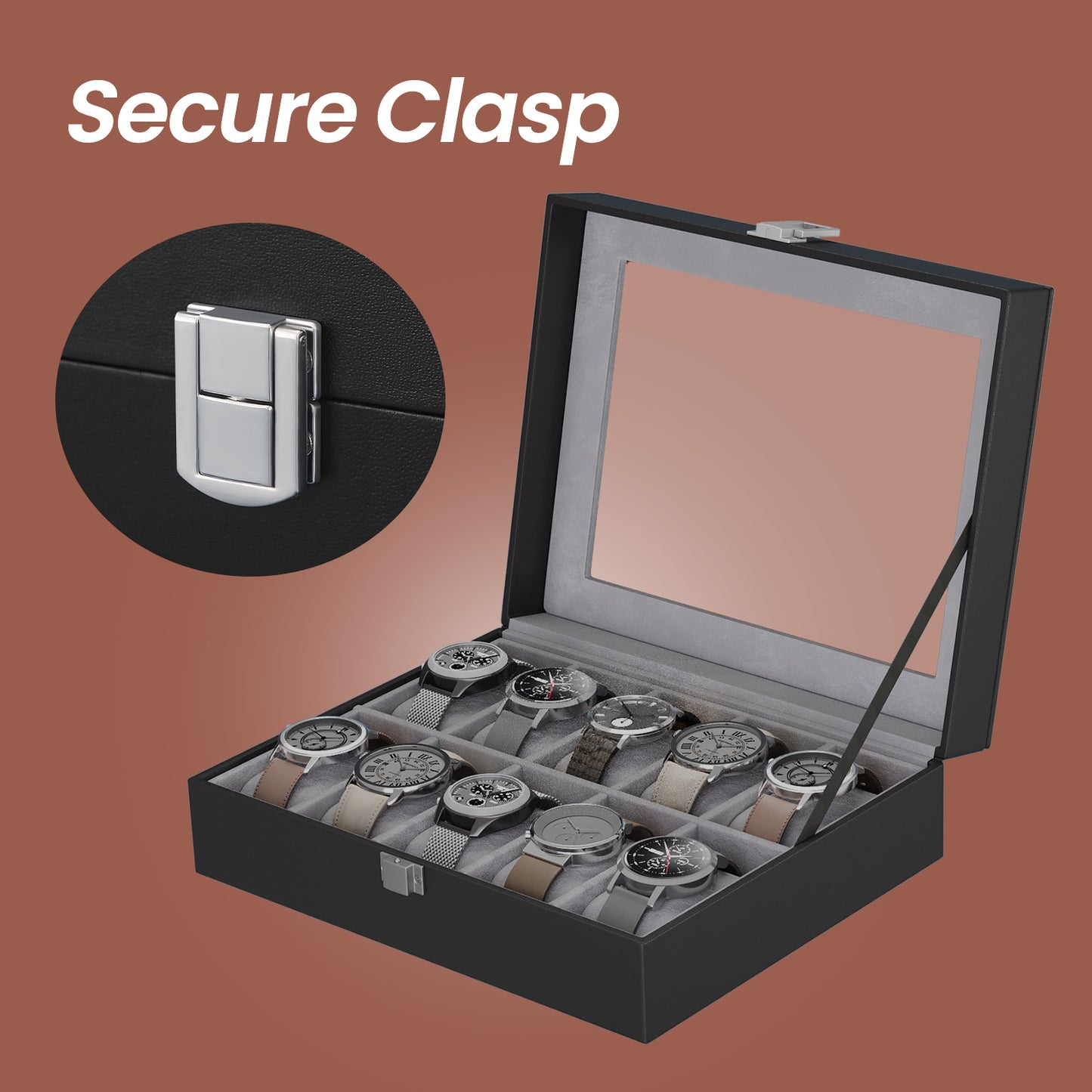10-Slot Watch Box with Large Glass Lid & Removable Pillows, Luxury Watch Organizer Case, Durable Synthetic Leather, Gray