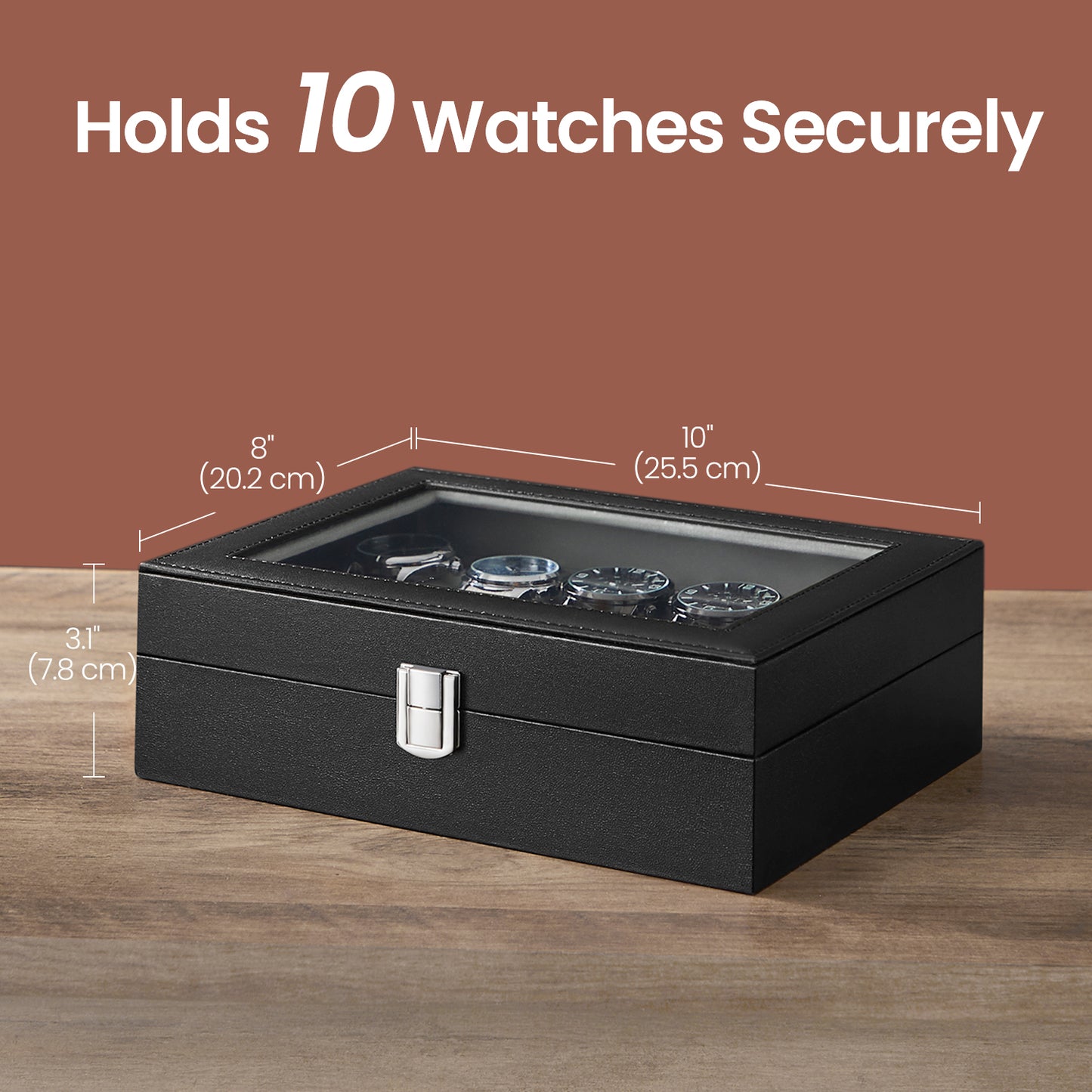 10-Slot Watch Box with Large Glass Lid & Removable Pillows, Luxury Watch Organizer Case, Durable Synthetic Leather, Gray