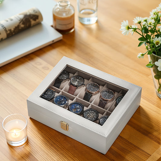 10-Slot Watch Storage Box with Clear Glass Top, Removable Cushions & Soft Synthetic Leather - Cloud White & Cappuccino Beige