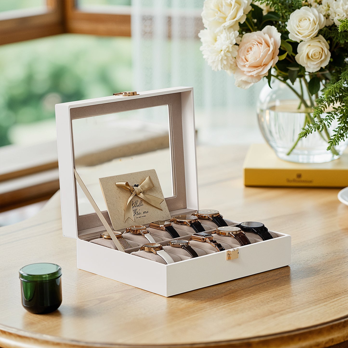 10-Slot Watch Storage Box with Clear Glass Top, Removable Cushions & Soft Synthetic Leather - Cloud White & Cappuccino Beige