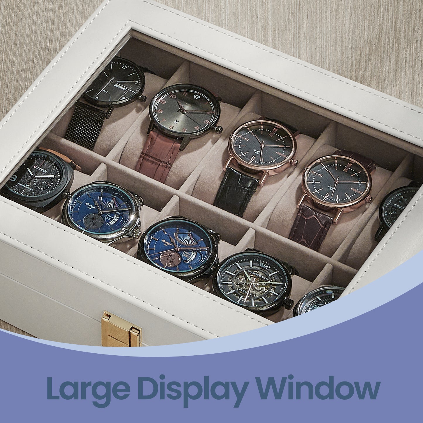 10-Slot Watch Storage Box with Clear Glass Top, Removable Cushions & Soft Synthetic Leather - Cloud White & Cappuccino Beige