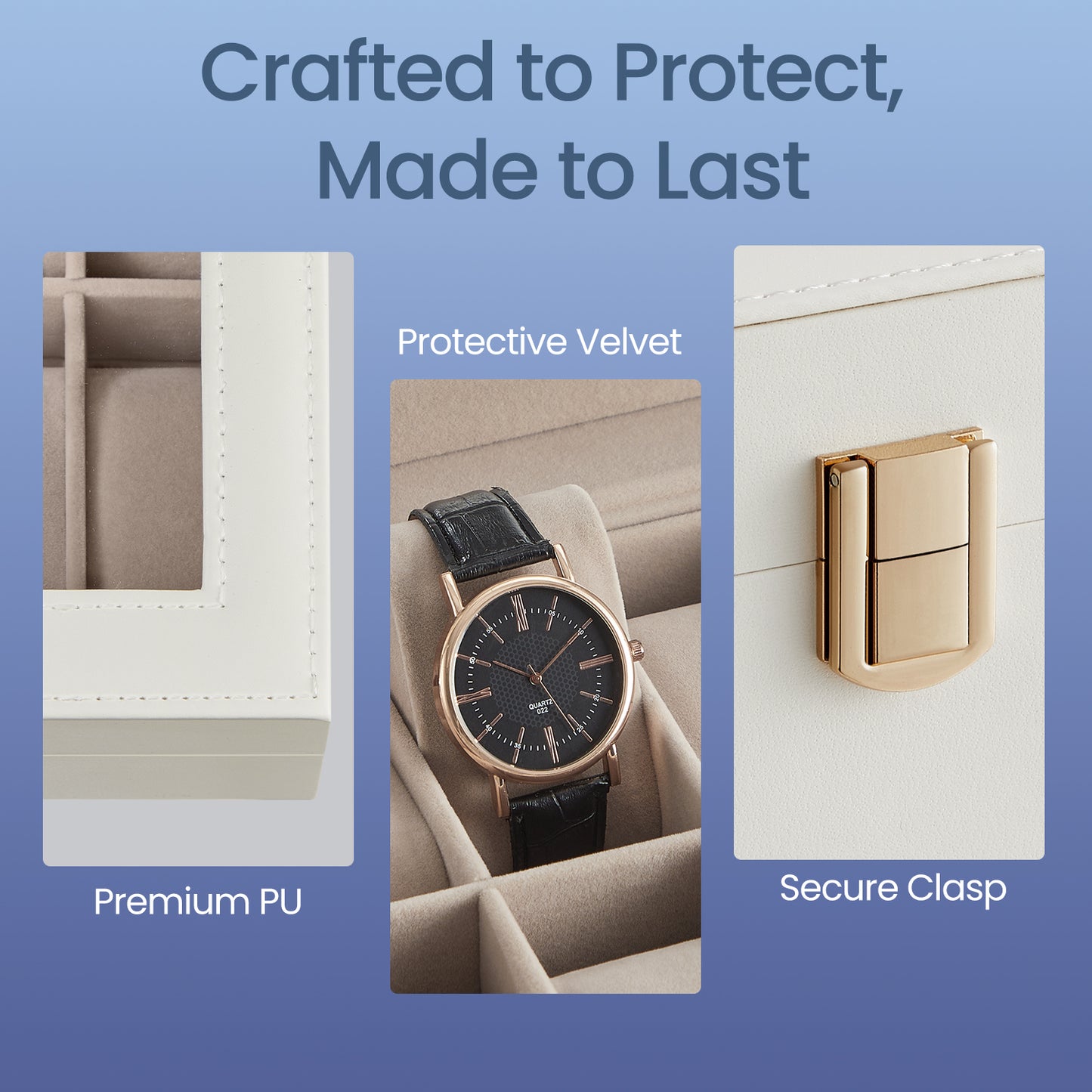 10-Slot Watch Storage Box with Clear Glass Top, Removable Cushions & Soft Synthetic Leather - Cloud White & Cappuccino Beige
