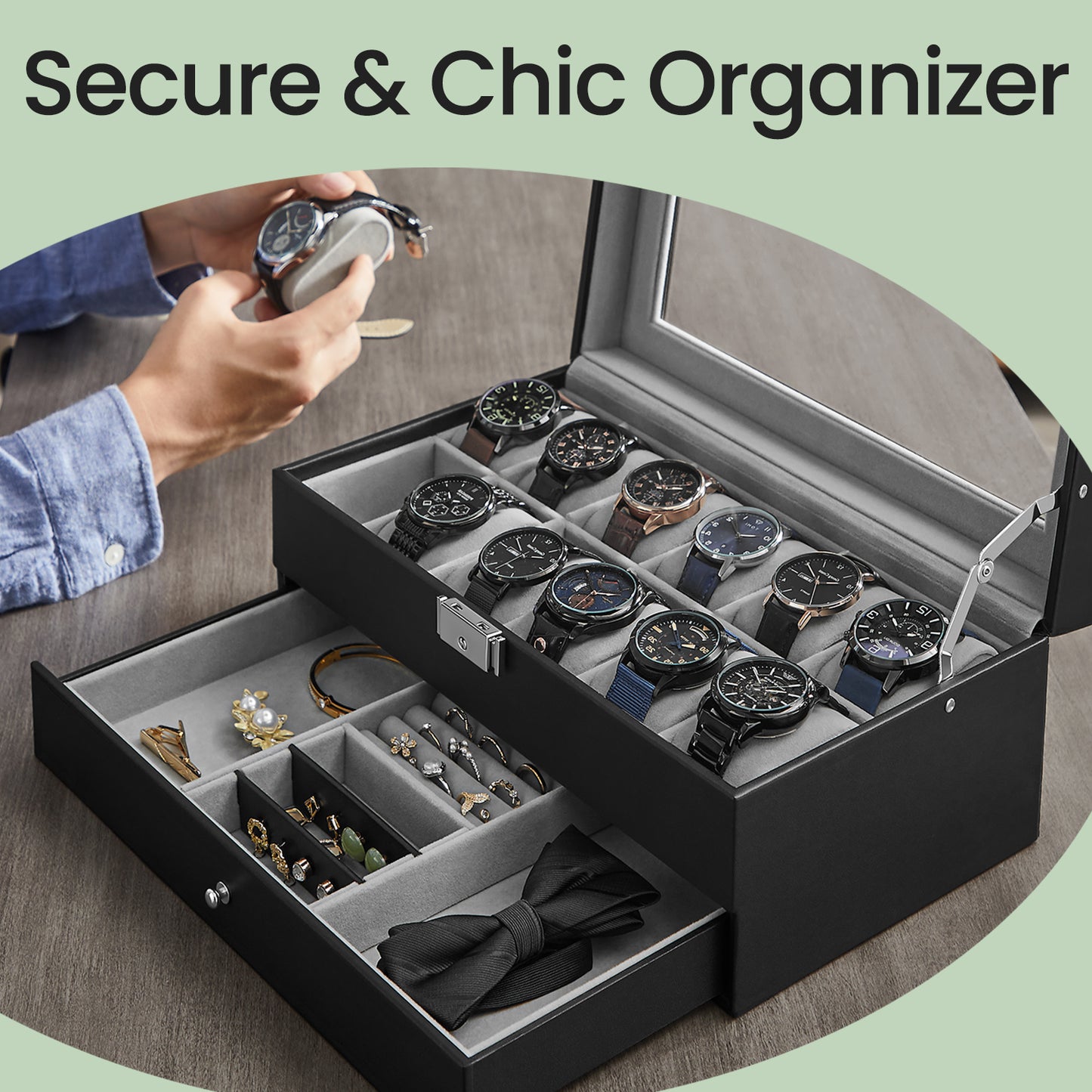 12-Slot Watch Box Organizer, 2-Layer Display Case with Glass Lid & Lock, Removable Pillows, for Watch Collection Storage, Gray