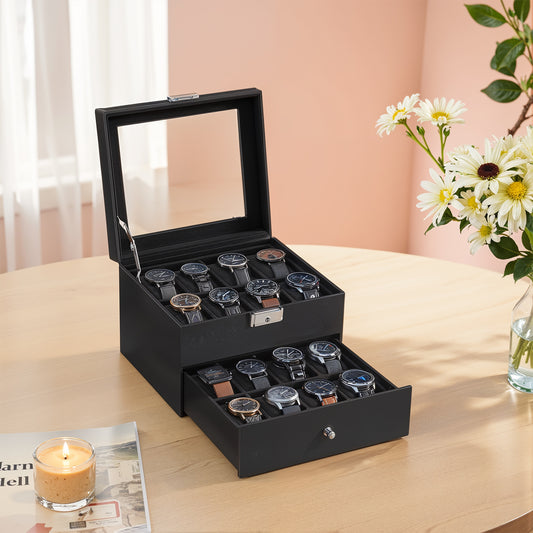 16-Slot Lockable Watch Box, 2-Tier Display Case with Glass Top & Removable Pillows, Synthetic Leather Watch Organizer, Black