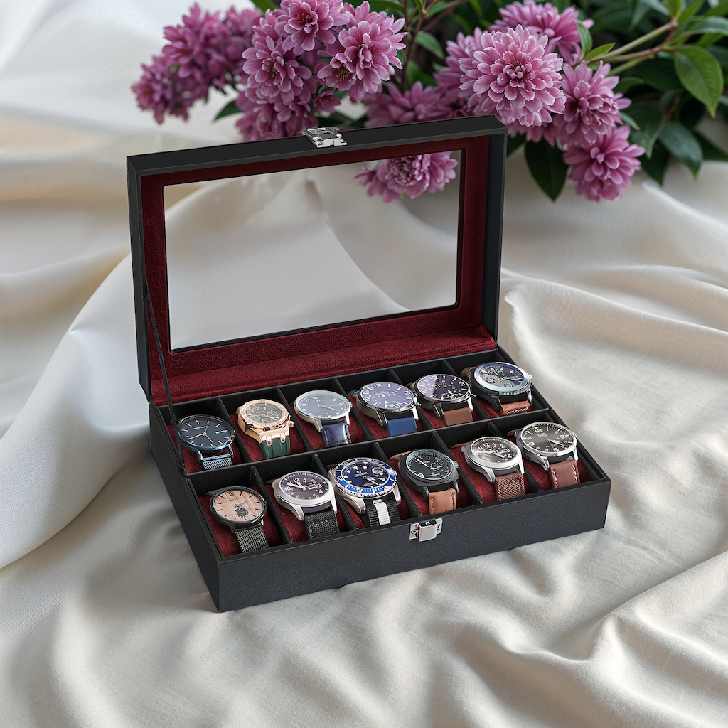 12-Slot Premium Watch Case with Glass Lid & Removable Pillows, PU Leather Watch Organizer, Gift Box for Watch Lovers, Black and Wine Red