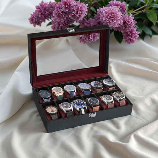 12-Slot Premium Watch Case with Glass Lid & Removable Pillows, PU Leather Watch Organizer, Gift Box for Watch Lovers, Black and Wine Red