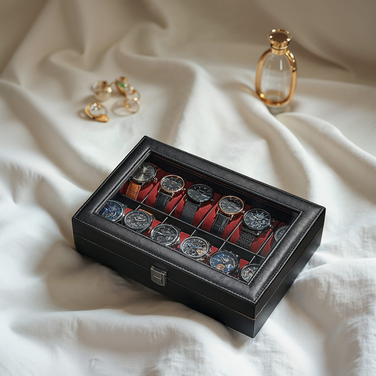 12-Slot Premium Watch Case with Glass Lid & Removable Pillows, PU Leather Watch Organizer, Gift Box for Watch Lovers, Black and Wine Red