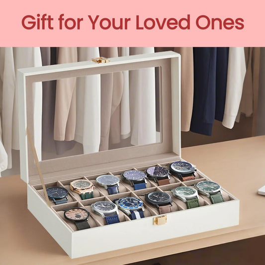 12-Slot Luxury Watch Display Case with Glass Top & Removable Pillows, PU Leather Watch Organizer, Gift Box, Cloud White and Cappuccino