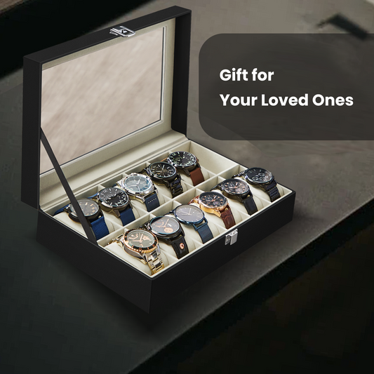 12-Slot Watch Display Case with Clear Glass Lid, Removable Pillows, PU Leather Exterior & Velvet Lining – Gift Box for Watch Enthusiasts, Black，Beige