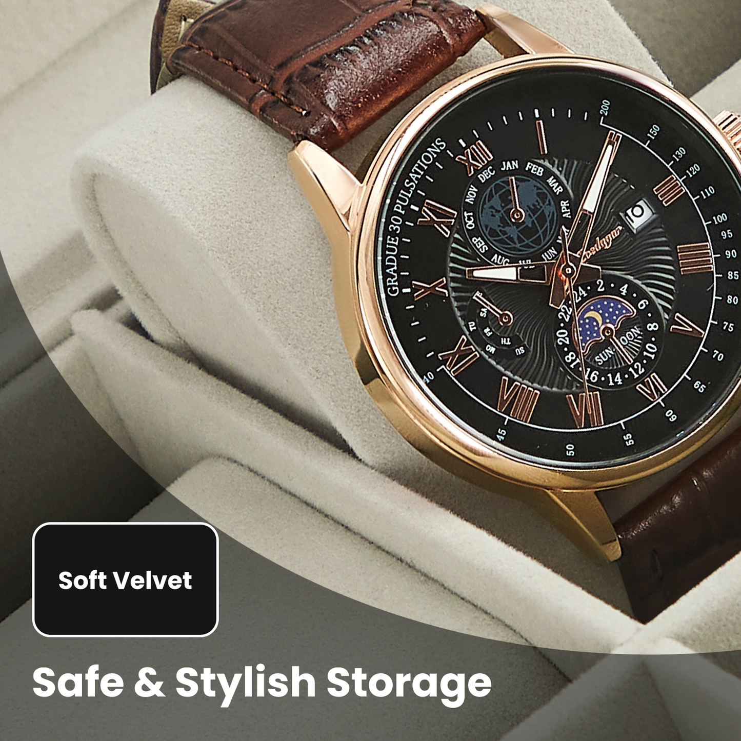 12-Slot Watch Display Case with Clear Glass Lid, Removable Pillows, PU Leather Exterior & Velvet Lining – Gift Box for Watch Enthusiasts, Black，Beige