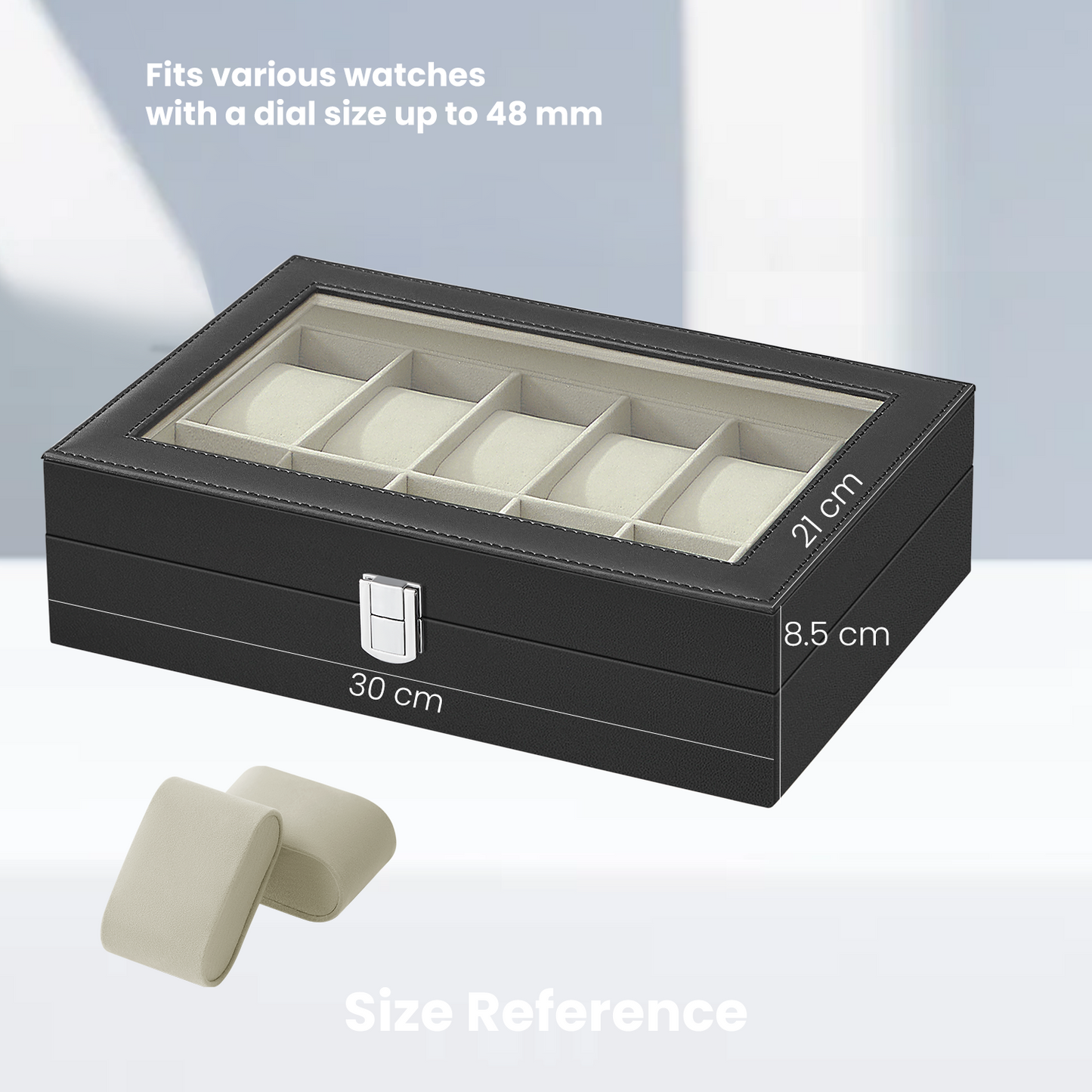 12-Slot Watch Display Case with Clear Glass Lid, Removable Pillows, PU Leather Exterior & Velvet Lining – Gift Box for Watch Enthusiasts, Black，Beige