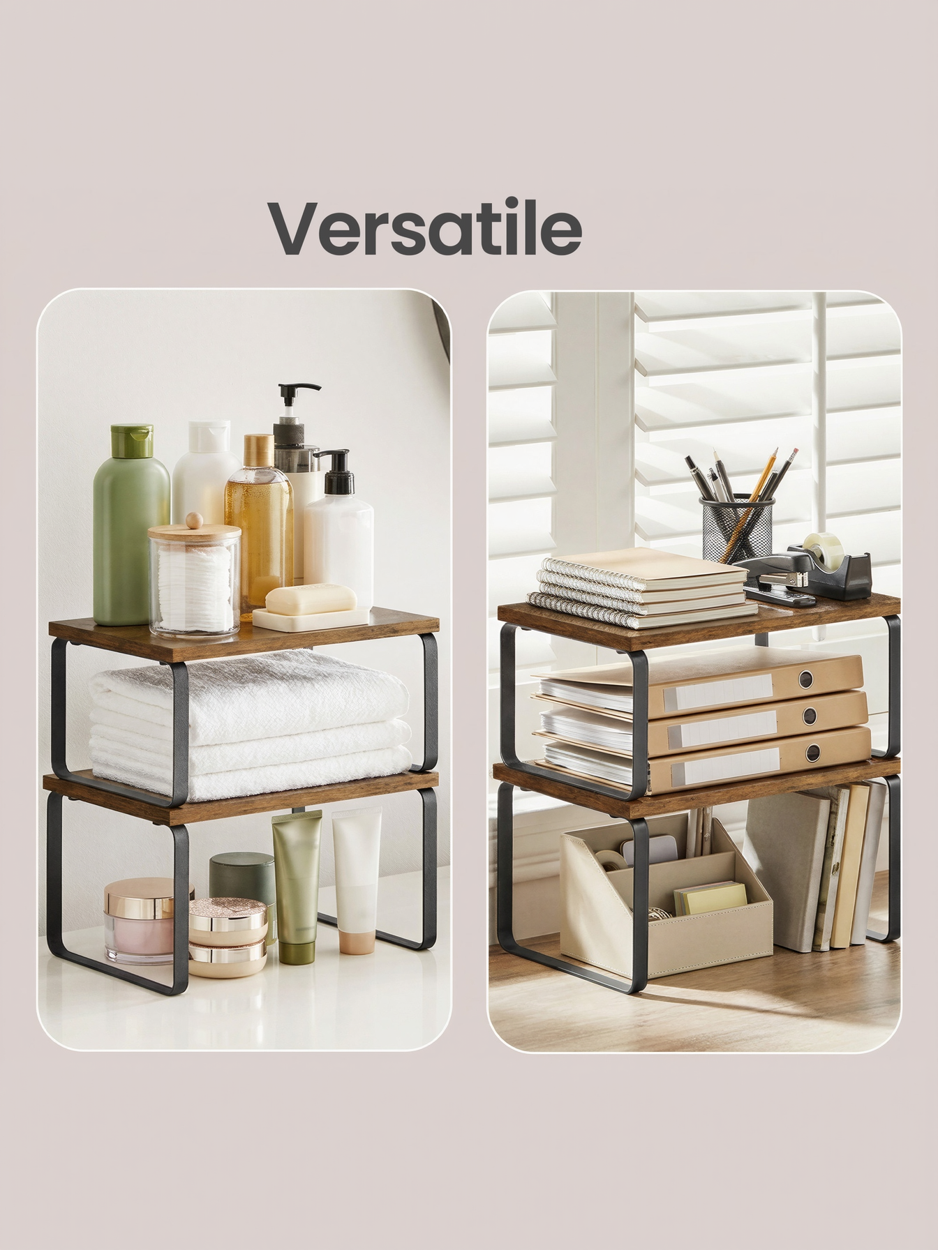 Set of 4 Stackable Expandable Kitchen Cabinet Shelves, Metal and Wood Spice Rack Organizers, for Countertop, Pantry, Ink Black and Rustic Brown