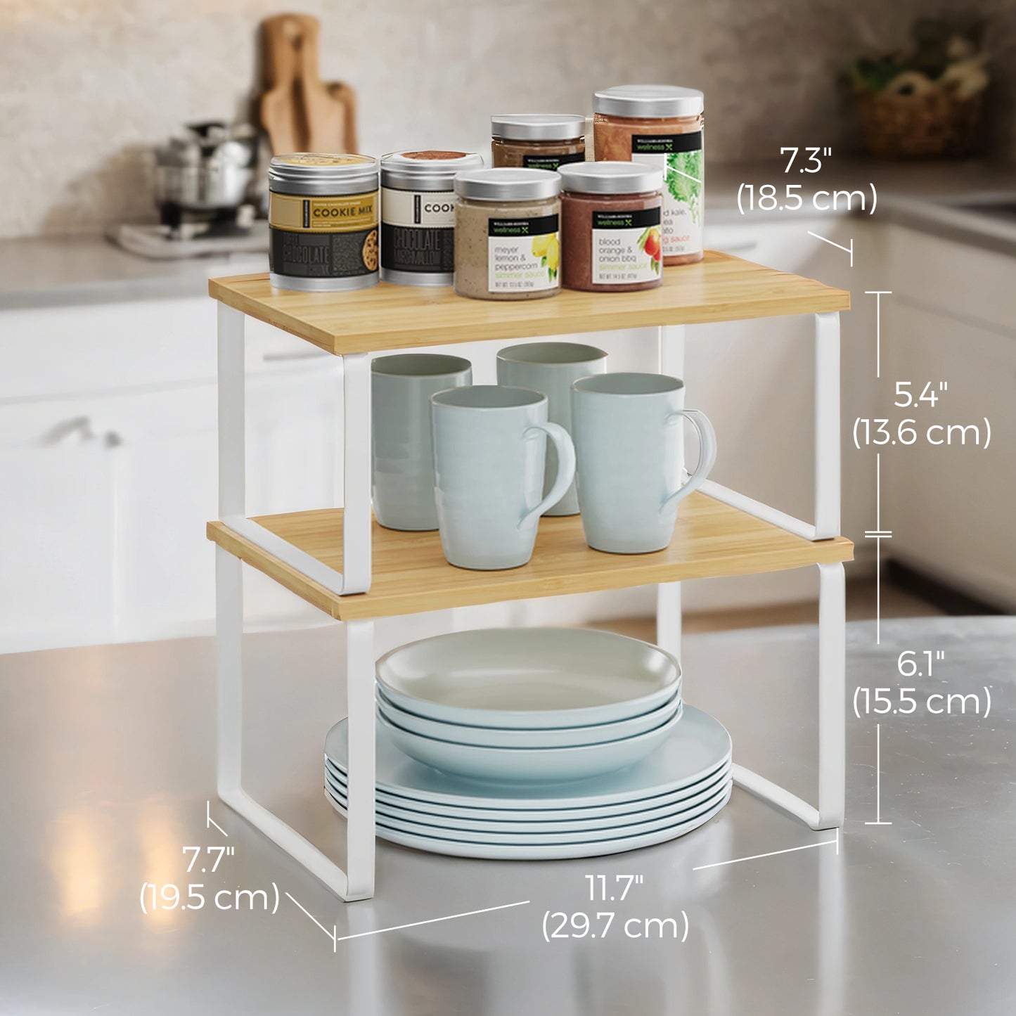 Stackable Kitchen Shelf Organizers – Sturdy Engineered Wood & Metal, Adjustable & Space-Saving for Spices, Cans, Utensils, or Cat Feeding ，Set of 2, White