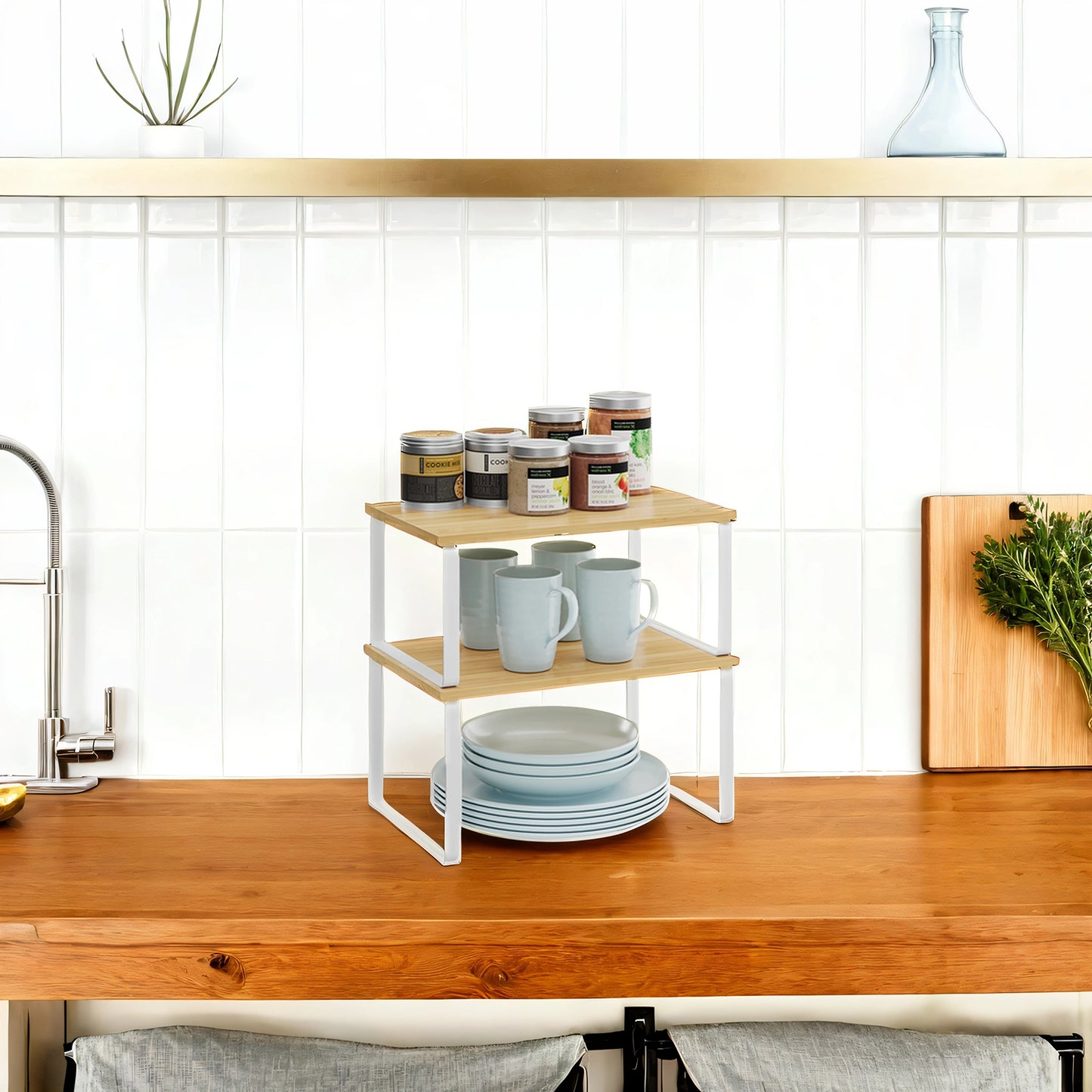 Stackable Kitchen Shelf Organizers – Sturdy Engineered Wood & Metal, Adjustable & Space-Saving for Spices, Cans, Utensils, or Cat Feeding ，Set of 2, White