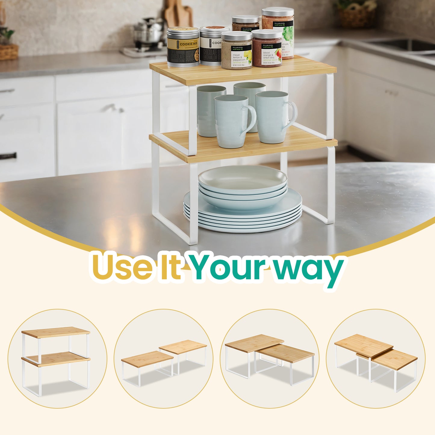 Stackable Kitchen Shelf Organizers – Sturdy Engineered Wood & Metal, Adjustable & Space-Saving for Spices, Cans, Utensils, or Cat Feeding ，Set of 2, White
