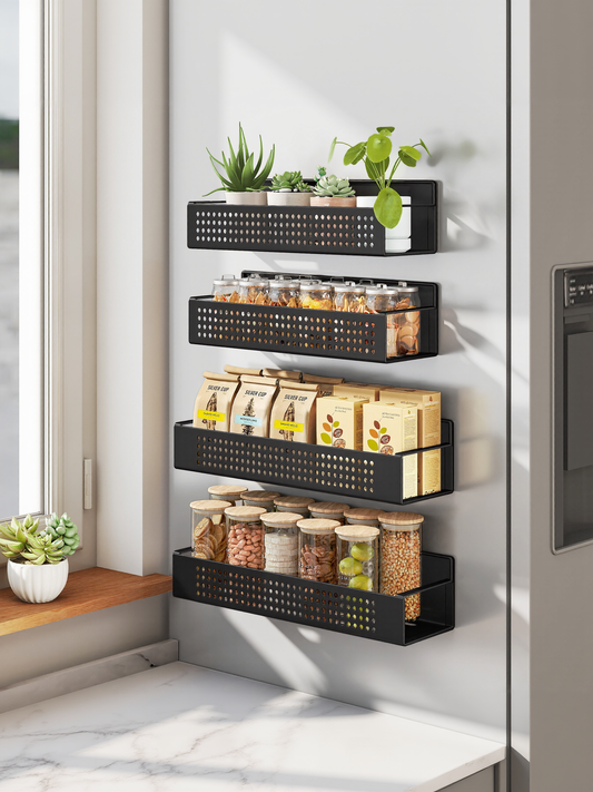 Set of 4 Strong Magnetic Spice Racks, No-Drill Magnetic Shelves for Refrigerator and Microwave, 2 Large and 2 Small, Ink Black