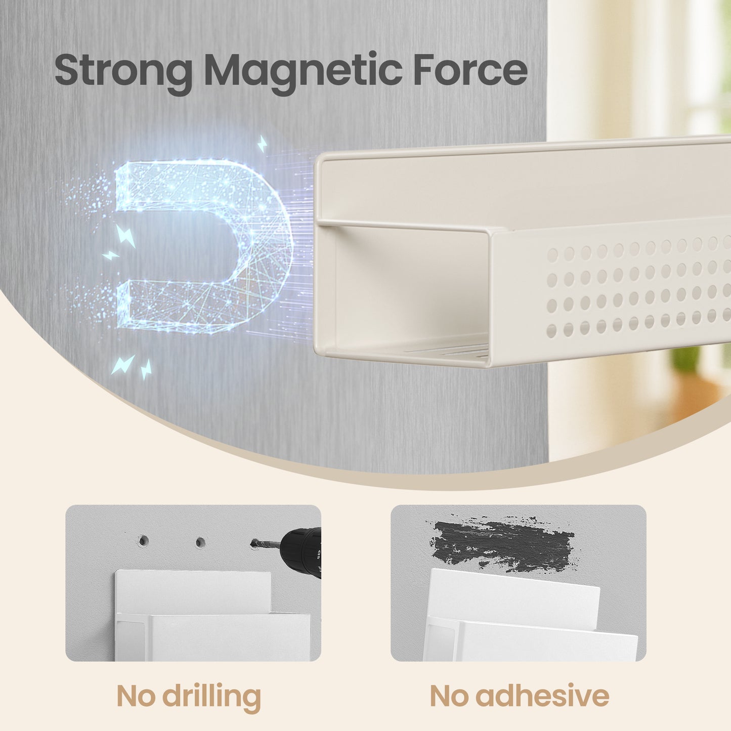 Set of 4 Strong Magnetic Spice Racks, No-Drill Magnetic Shelves for Refrigerator and Microwave, 2 Large and 2 Small, Cream White