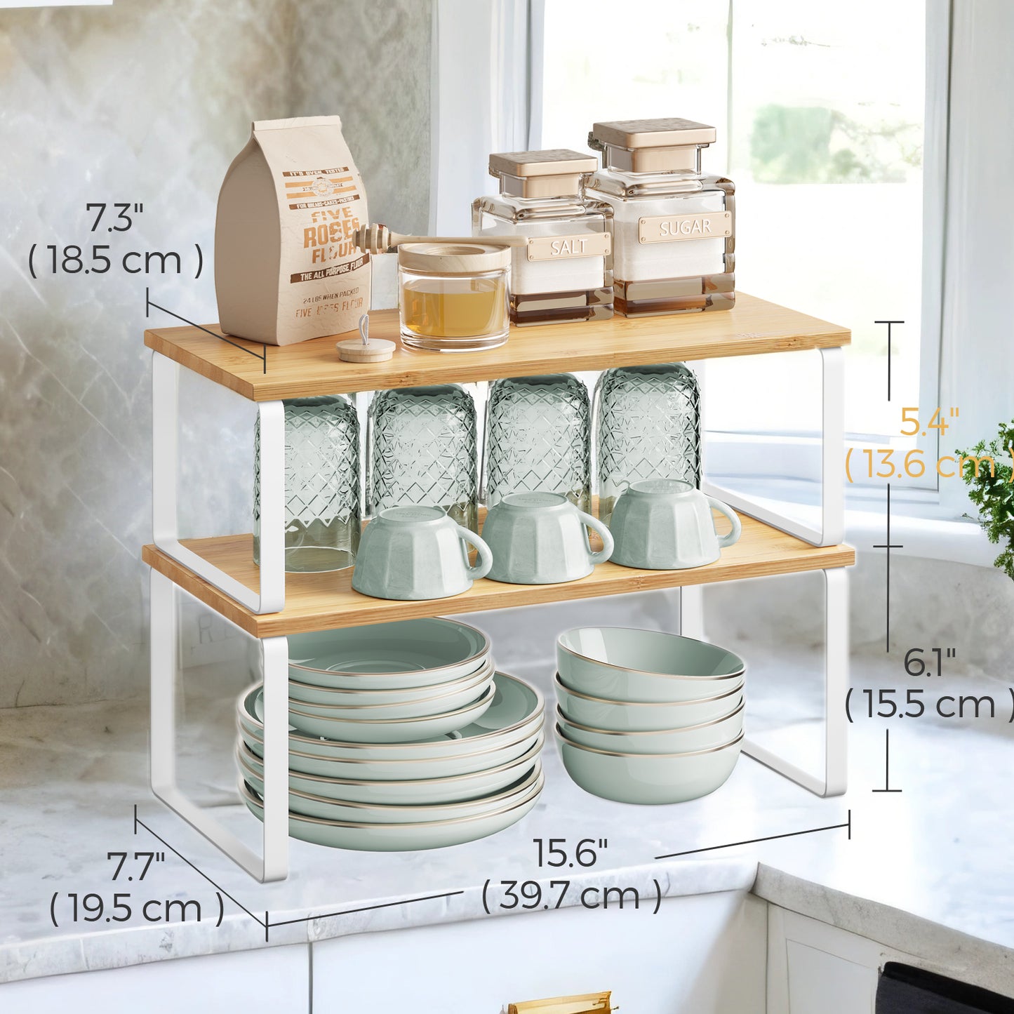 2-Pack Adjustable Kitchen Shelf Organizers - Stackable, Expandable Storage Rack for Spices, 33lb Capacity,  Cloud White and Natural Beige