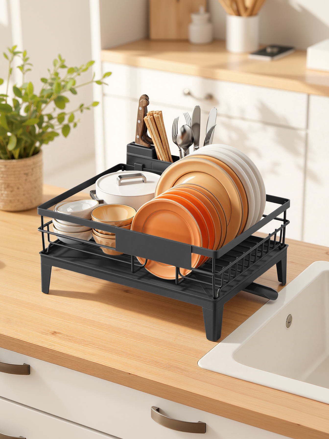 Kitchen Dish Drying Rack with Drainboard and Cutlery Holder, 360° Rotatable Spout for Small Spaces, 12.2 x 16.5 Inch, Ink Black