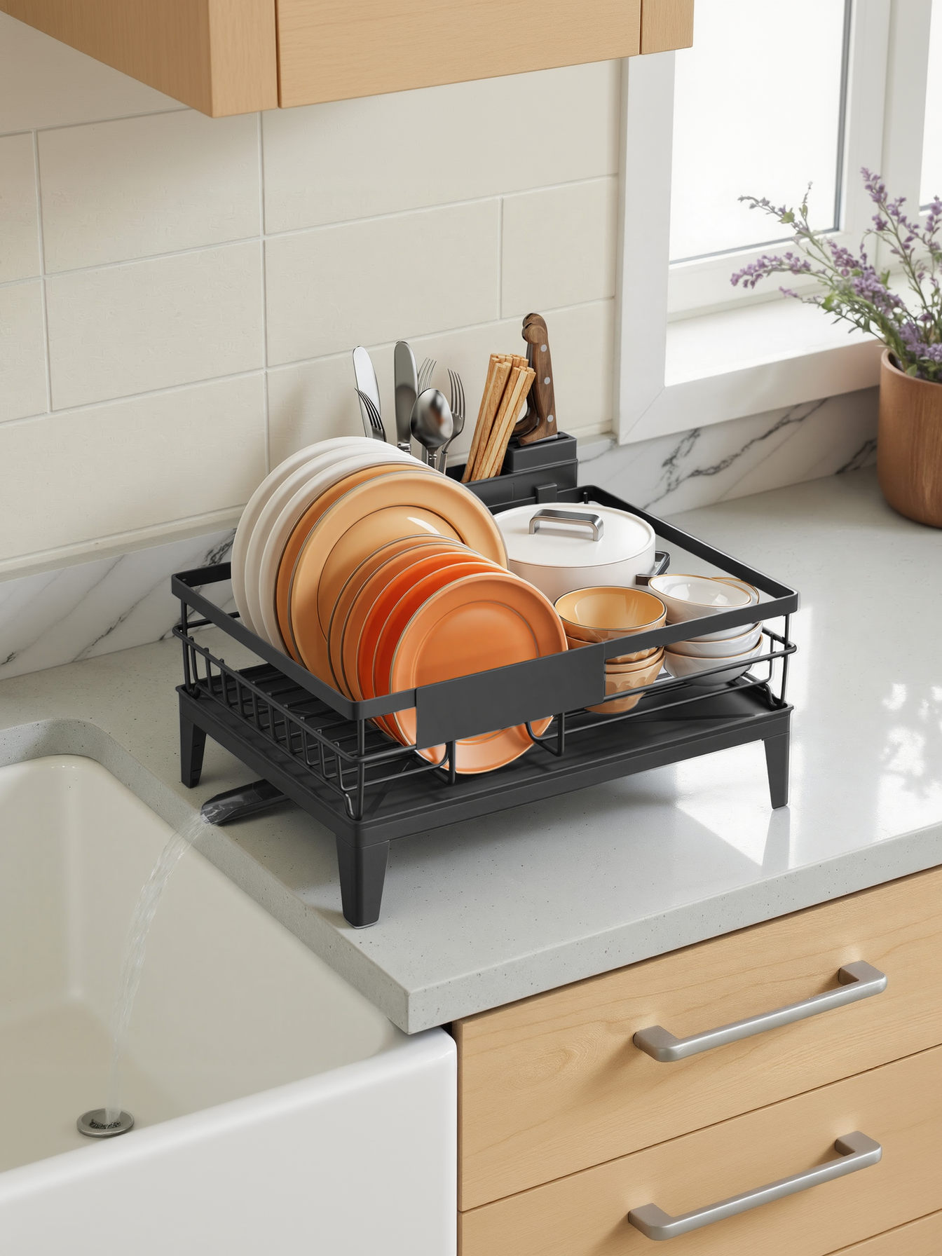 Kitchen Dish Drying Rack with Drainboard and Cutlery Holder, 360° Rotatable Spout for Small Spaces, 12.2 x 16.5 Inch, Ink Black