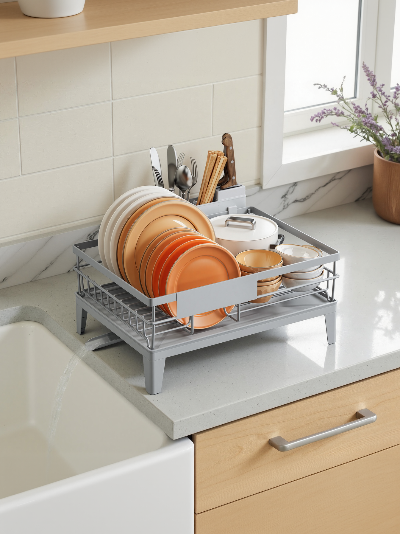 Kitchen Dish Drying Rack with Drainboard and Cutlery Holder, 360° Rotatable Spout for Small Spaces, 12.2 x 16.5 Inch, Dove Gray