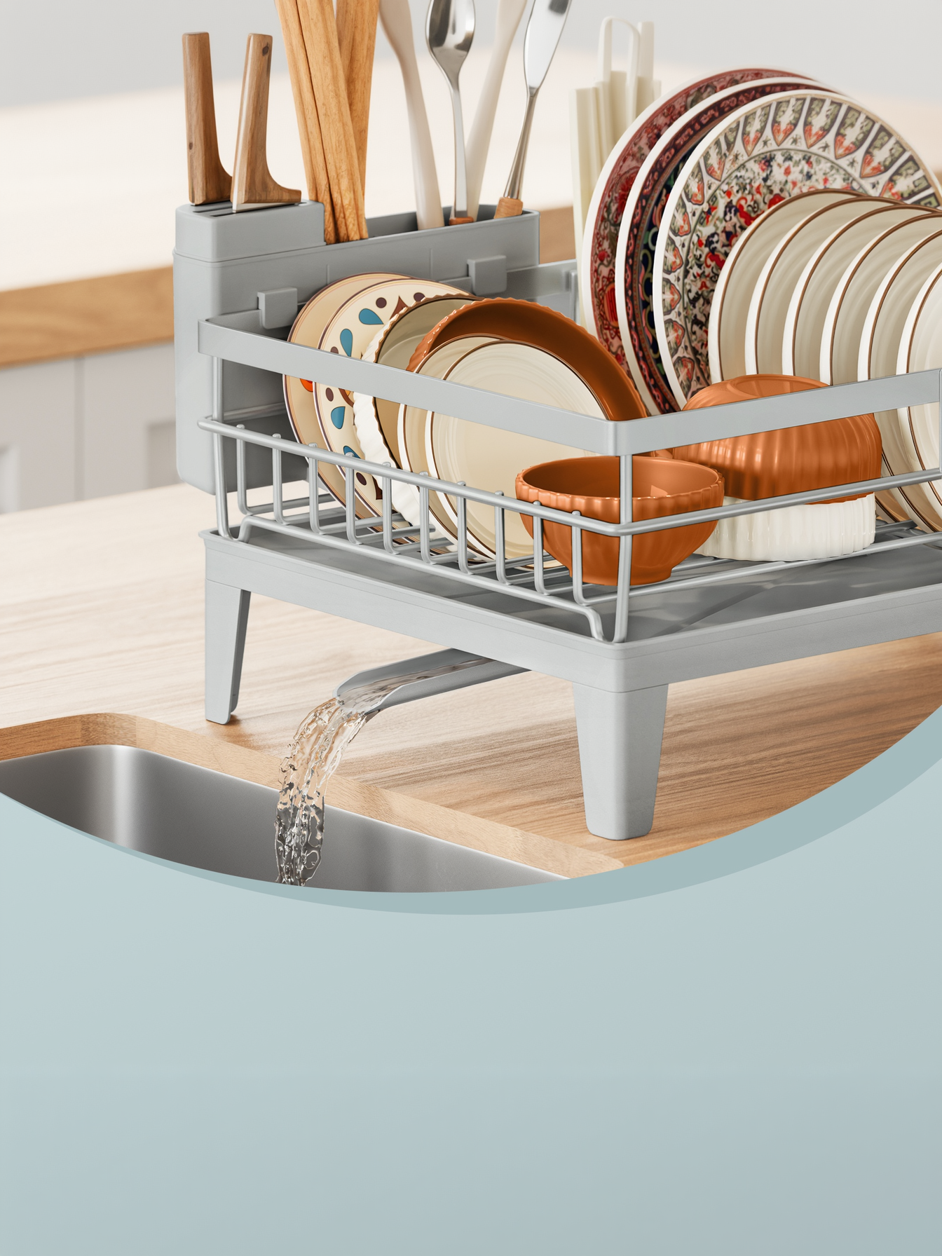 Kitchen Dish Drying Rack with Drainboard and Cutlery Holder, 360° Rotatable Spout for Small Spaces, 12.2 x 16.5 Inch, Dove Gray