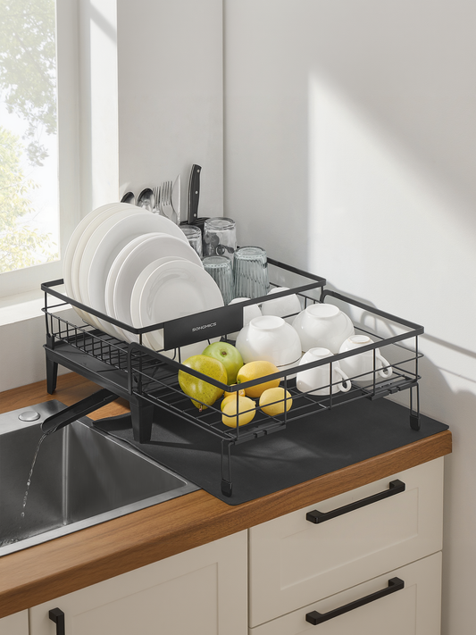 Expandable Dish Drying Rack with Drainboard, Adjustable 12.2-22 Inch Dish Rack with Rotatable Spout and Cutlery Holder, Ink Black