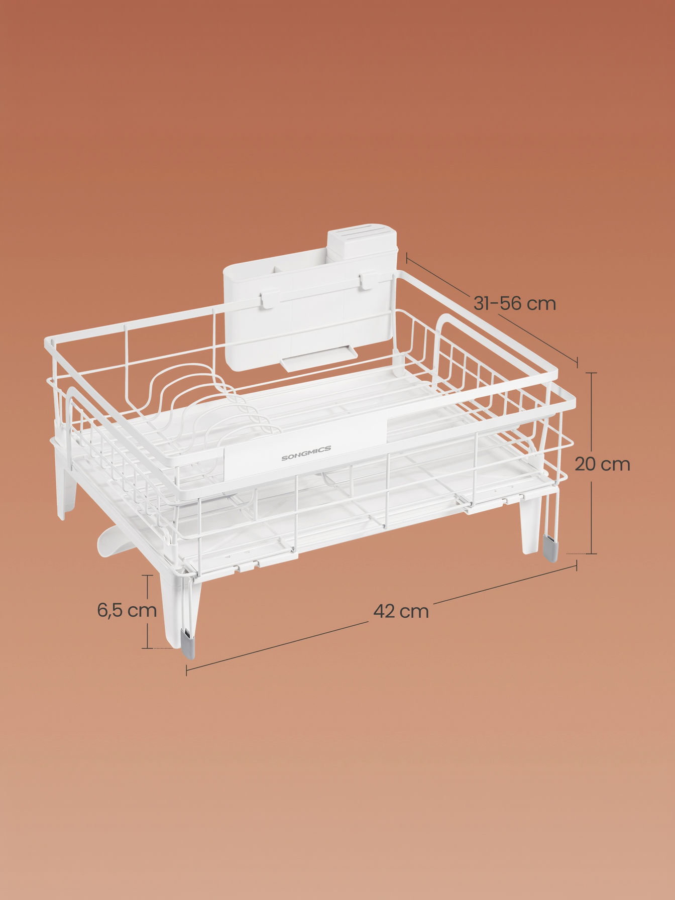 Expandable Dish Drying Rack with Drainboard, Adjustable 12.2-22 Inch Dish Rack with Rotatable Spout and Silicone Mat, Matte White and Dove Gray