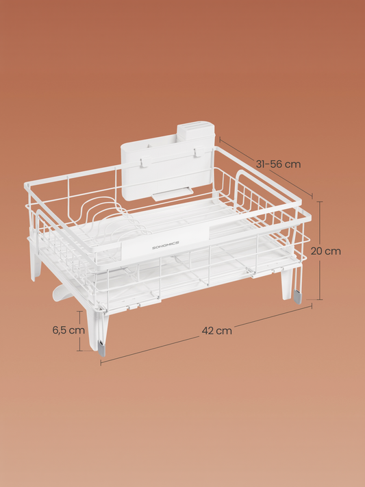 Expandable Dish Drying Rack with Drainboard, Adjustable 12.2-22 Inch Dish Rack with Rotatable Spout and Silicone Mat, Matte White and Dove Gray