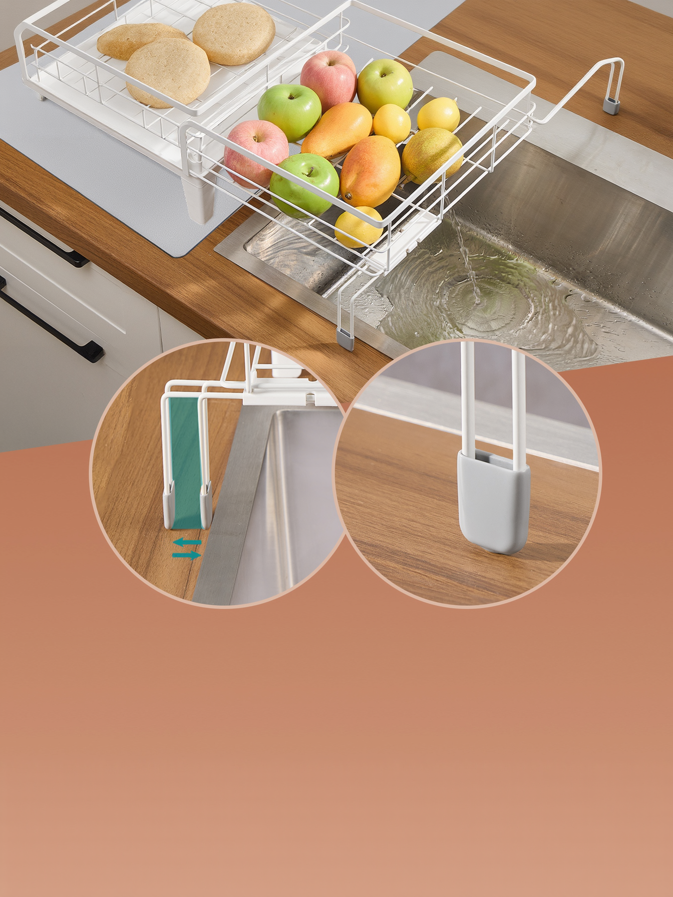 Expandable Dish Drying Rack with Drainboard, Adjustable 12.2-22 Inch Dish Rack with Rotatable Spout and Silicone Mat, Matte White and Dove Gray