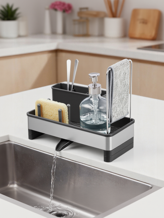 Rotatable Spout Sink Caddy Organizer, Stainless Steel Sink Organizer with Sponge and Soap Holder for Kitchen and Bathroom, Ink Black and Silver