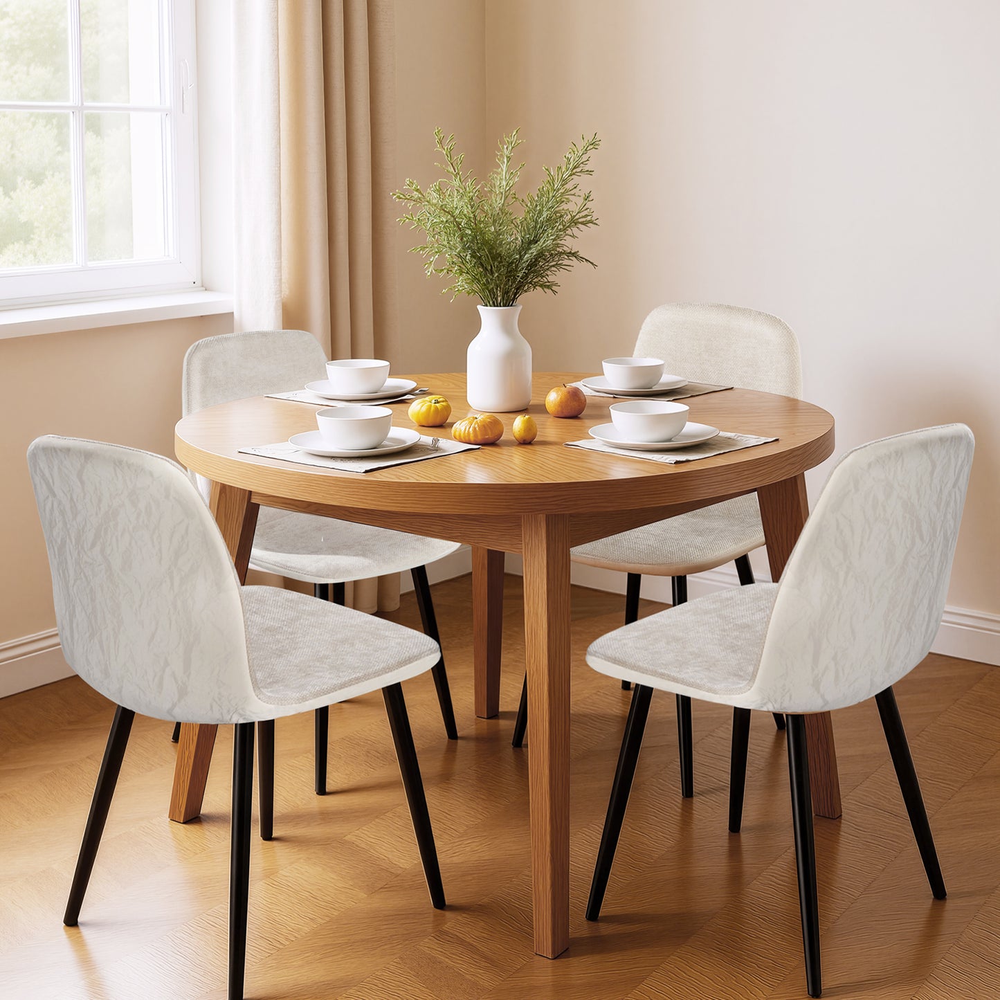 LEDREM Set of 4 Dining Chairs, Metal Frame Dining Room Chairs, Chenille Fabric & Glacier-Textured Synthetic Leather, Adjustable Feet, Easy to Clean, for Kitchen, Cream White