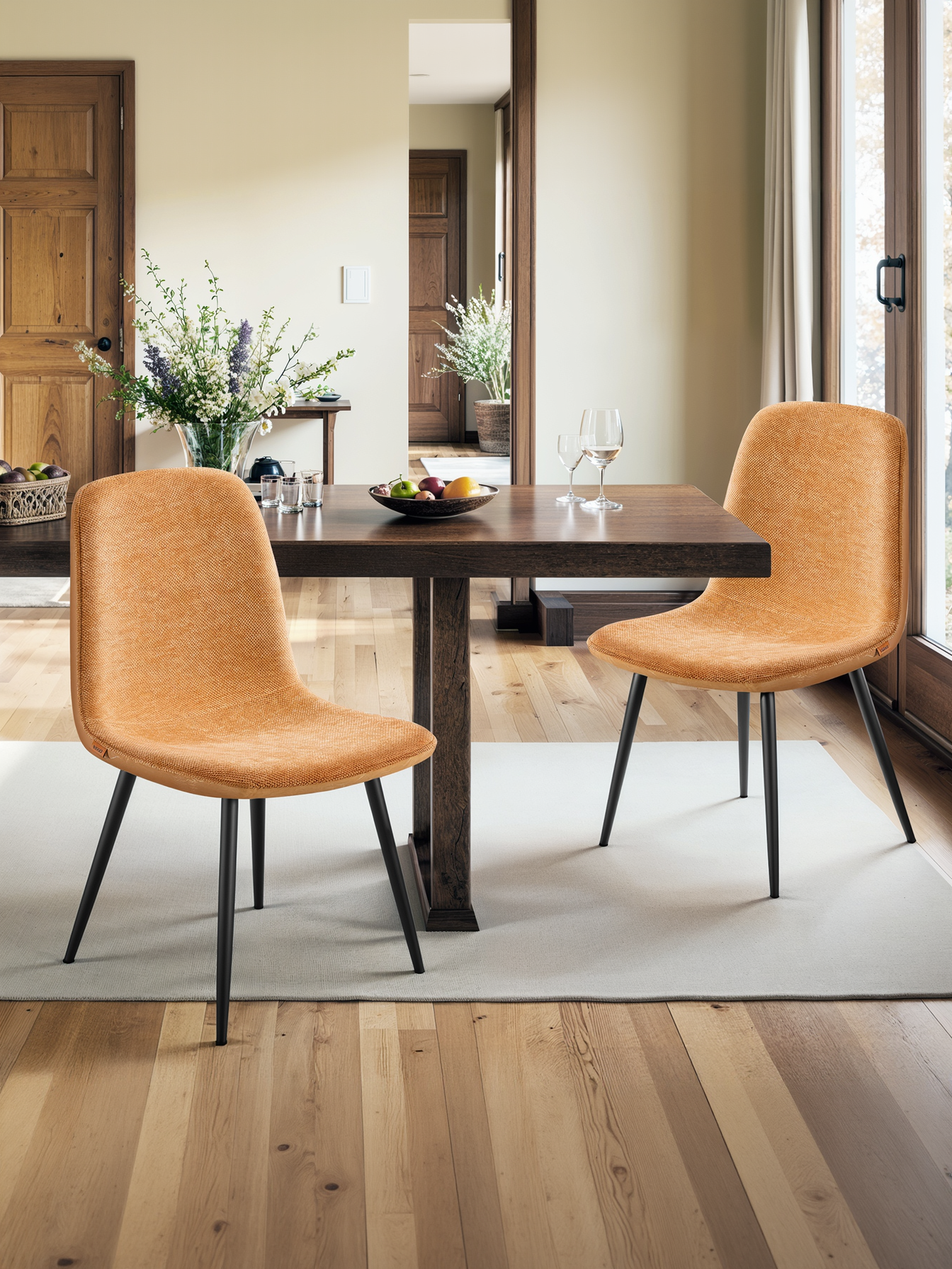 Set of 4 Dining Chairs, Metal Frame Glacier-Textured Synthetic Leather Chairs with Adjustable Feet, for Kitchen and Dining Room, Caramel Brown