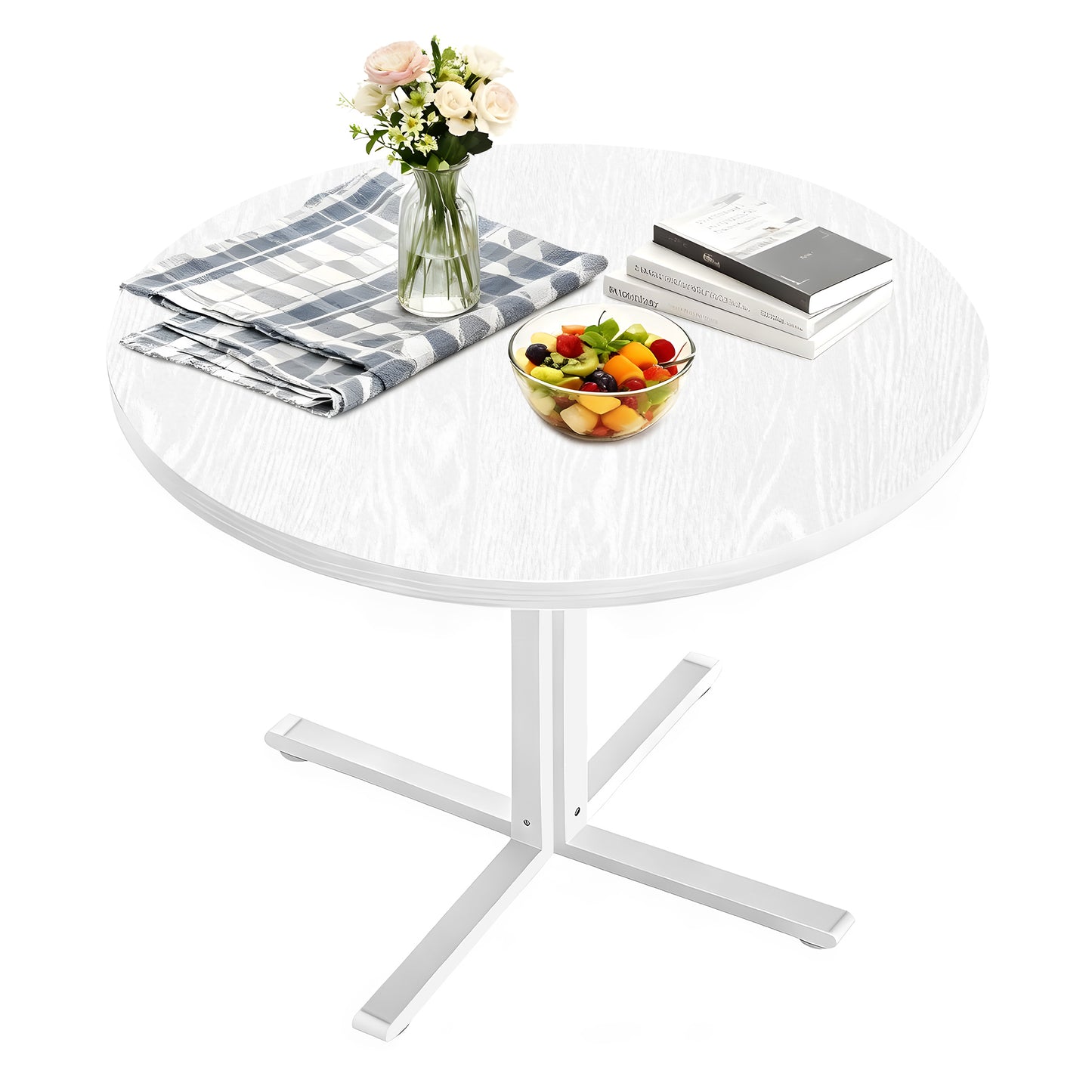 LEDREM Round Dining Table for 2–4 People, Small Kitchen Table with Steel Frame, Water-Resistant Tabletop, Easy Assembly, Farmhouse Dining Table, White