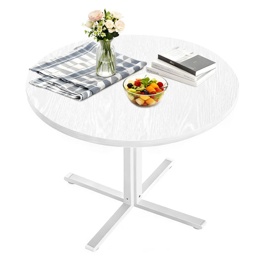 LEDREM Round Dining Table for 2–4 People, Small Kitchen Table with Steel Frame, Water-Resistant Tabletop, Easy Assembly, Farmhouse Dining Table, White