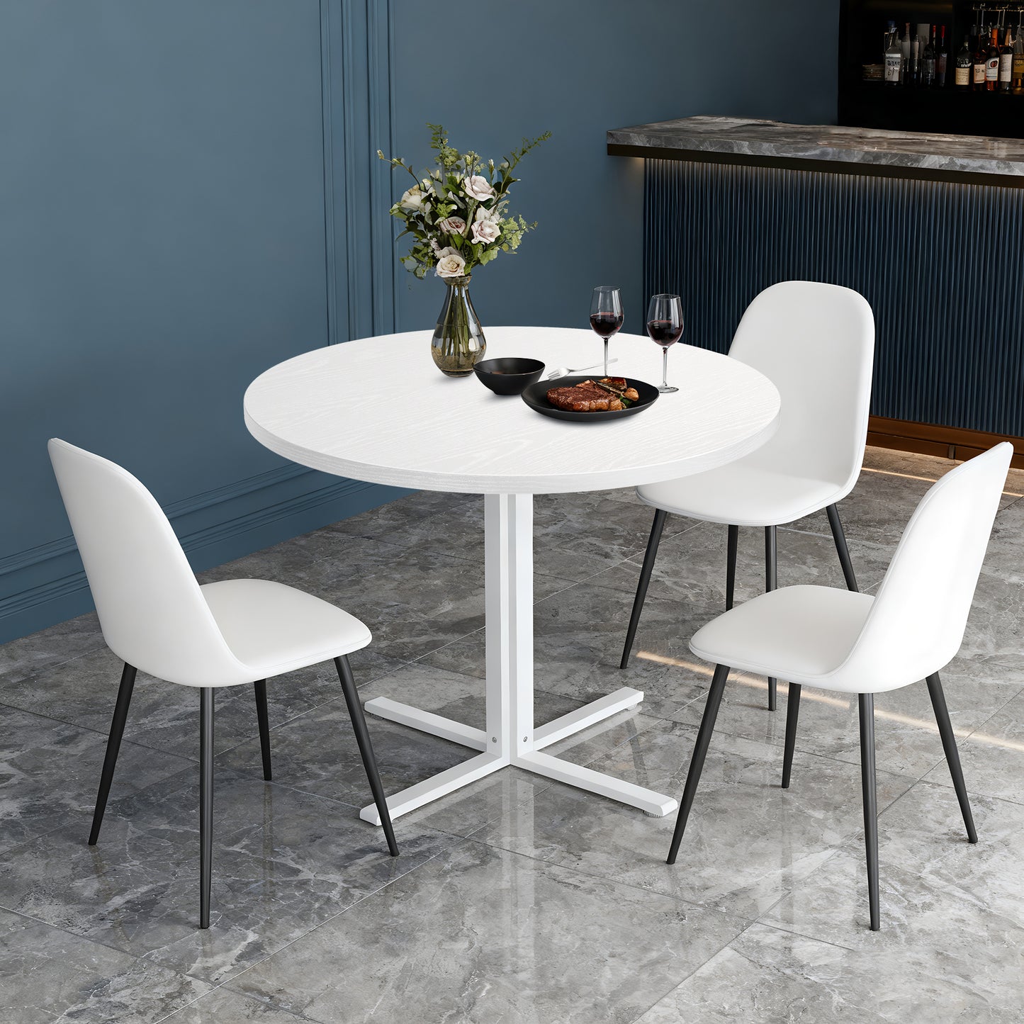 LEDREM Round Dining Table for 2–4 People, Small Kitchen Table with Steel Frame, Water-Resistant Tabletop, Easy Assembly, Farmhouse Dining Table, White