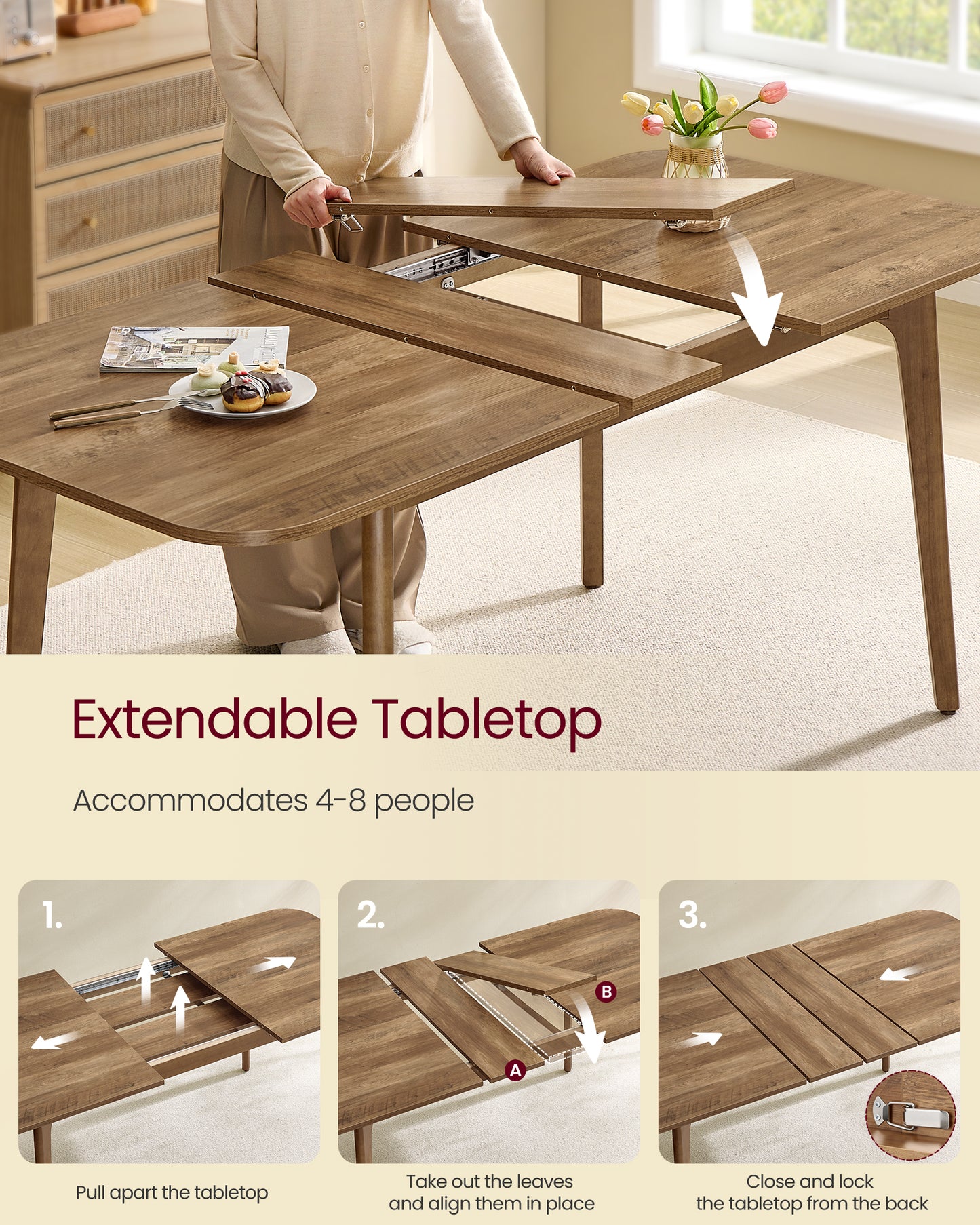 Extendable Dining Table, Mid-Century Modern Kitchen Table with Tapered Legs & Curved Edges, Expandable for 4 to 8 Seats, Solid Wood Frame, Honey Brown