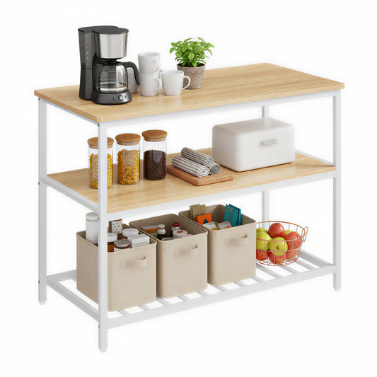 Kitchen Island with 3 Shelves, Large Worktop and Industrial Steel Frame, Multi-Purpose Kitchen Cart and Bar Table, Easy Assembly, Oak Color and White