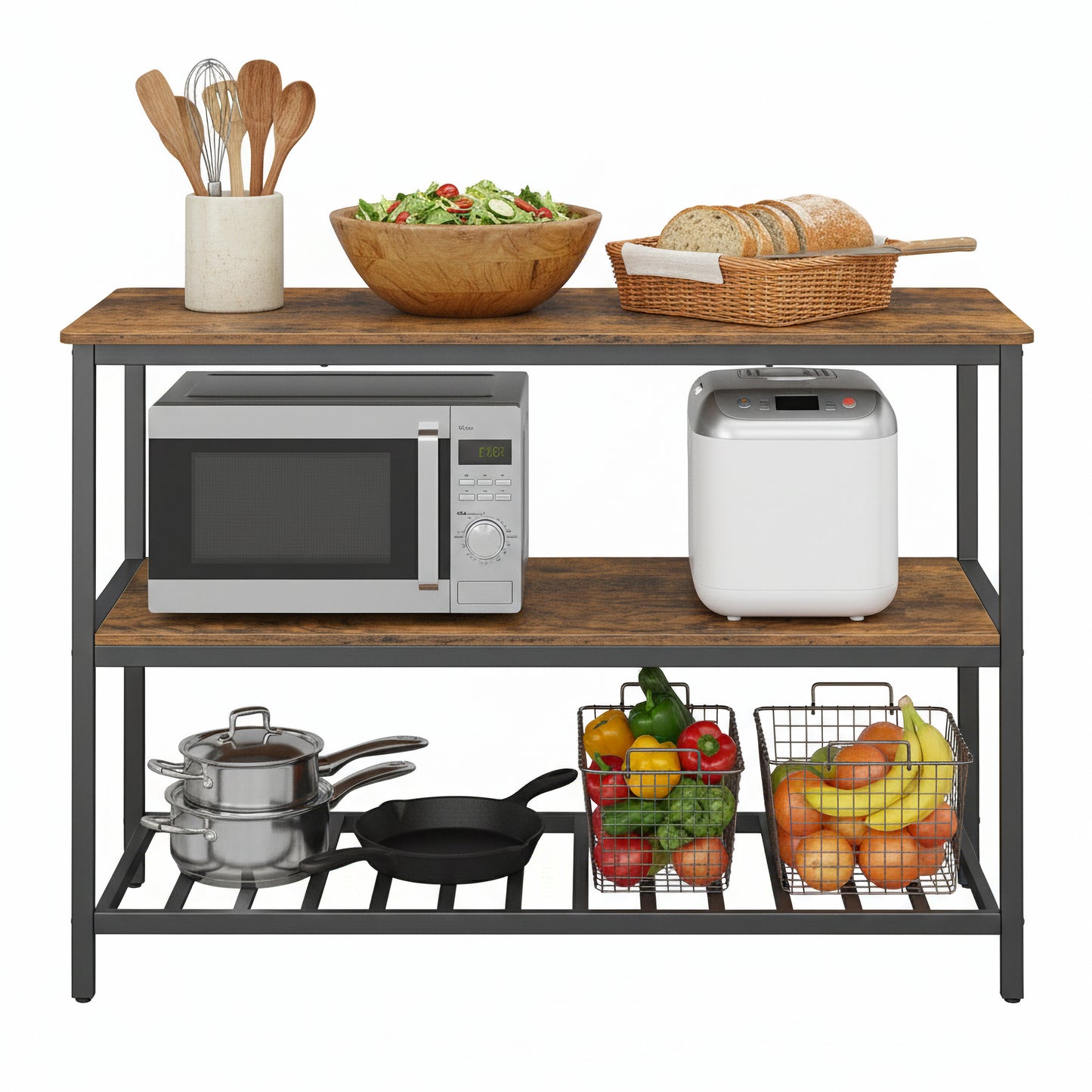 Kitchen Island with 3 Shelves, Large Worktop and Industrial Steel Frame, Multi-Purpose Kitchen Cart and Bar Table, Easy Assembly, Rustic Brown and Black