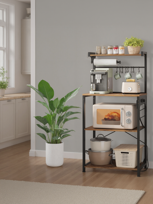 4-Tier Kitchen Bakers Rack with Power Outlet, Coffee Bar and Microwave Stand with Adjustable Shelf, Rustic Brown and Ink Black