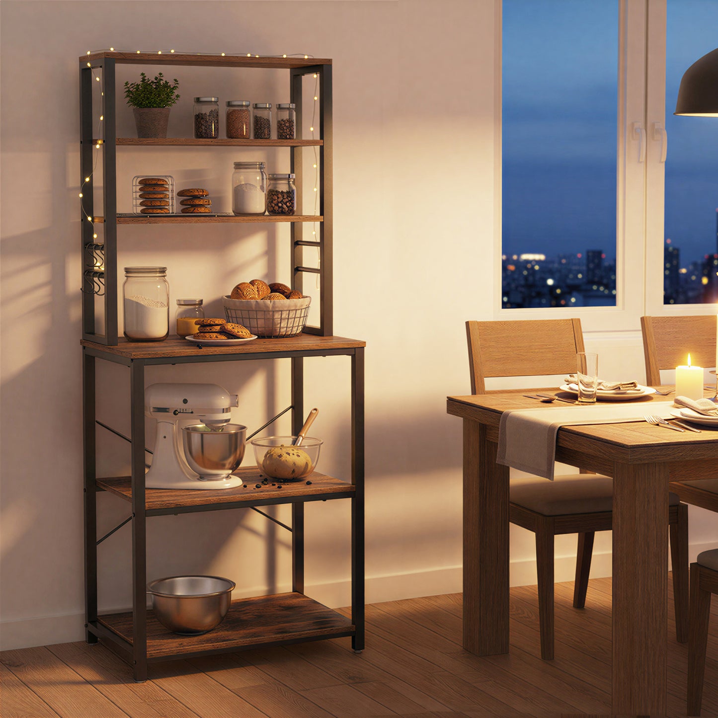 6-Tier Industrial Coffee Bar & Baker's Rack, Adjustable Kitchen Shelving Unit with Hooks, Microwave Stand for Small Spaces, 65.7 Inch, Rustic Brown & Black