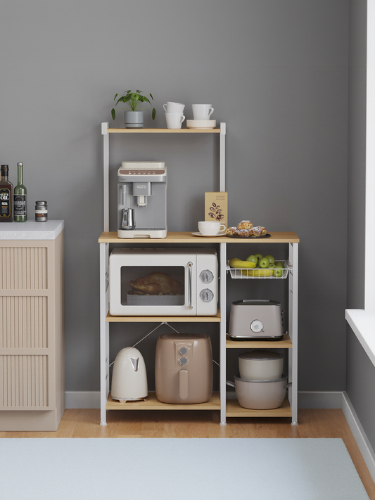 Baker's Rack with Wire Basket and Hooks, Microwave Stand and Kitchen Storage Rack for Pots and Spices, Golden Oak and Cloud White