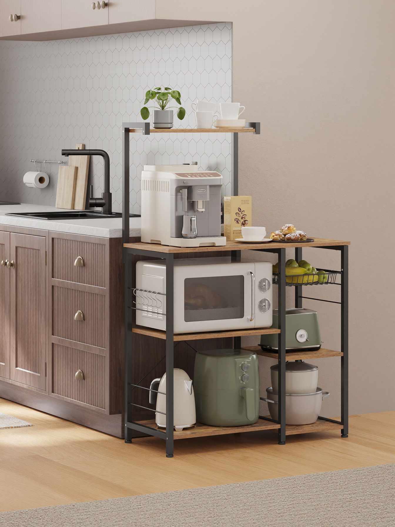Baker's Rack with Wire Basket and Hooks, Microwave Stand and Kitchen Storage Rack for Pots and Spices, Rustic Brown and Ink Black