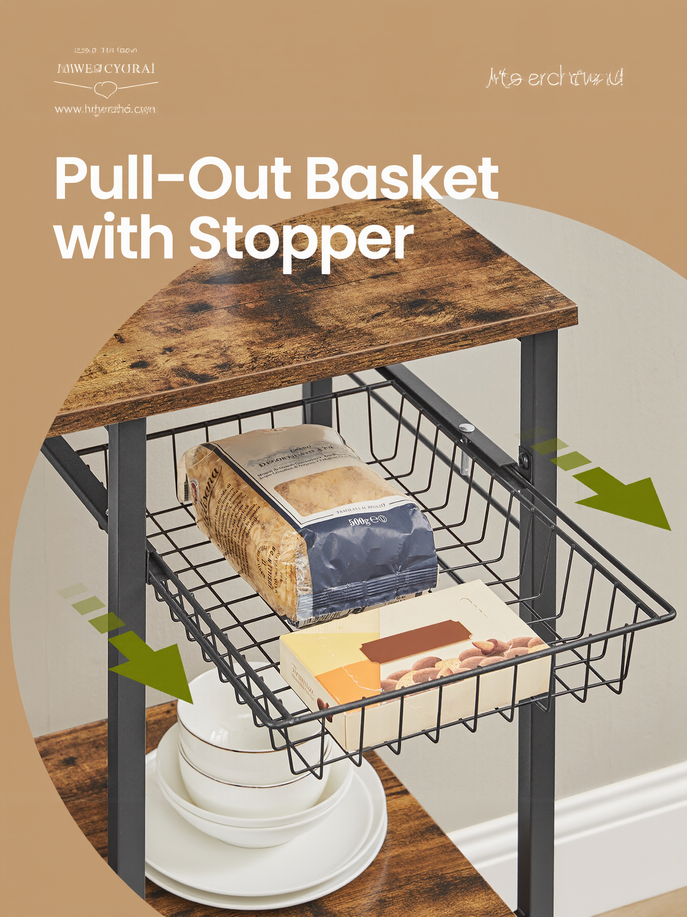 Baker's Rack with Wire Basket and Hooks, Microwave Stand and Kitchen Storage Rack for Pots and Spices, Rustic Brown and Ink Black