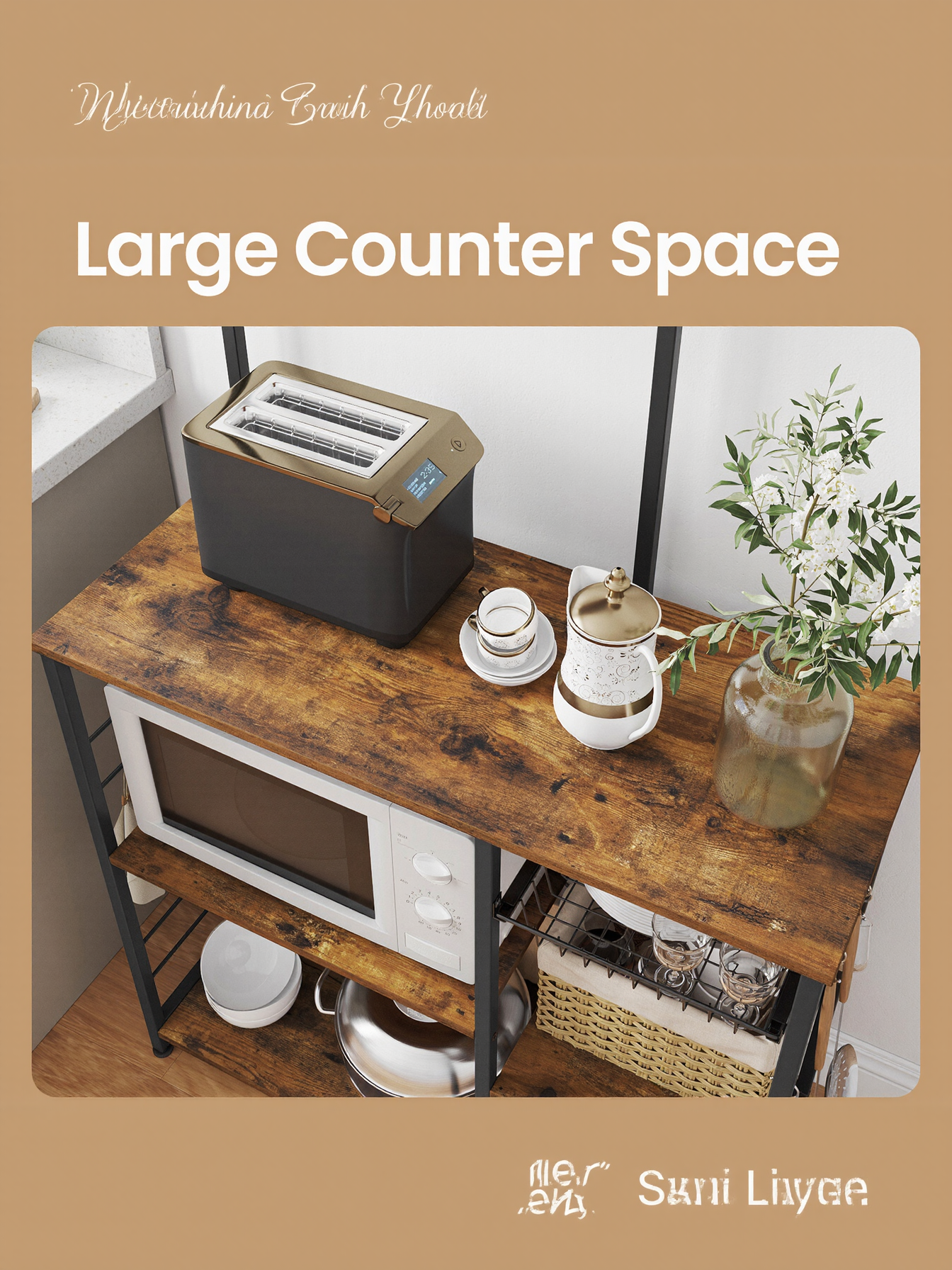 Baker's Rack with Wire Basket and Hooks, Microwave Stand and Kitchen Storage Rack for Pots and Spices, Rustic Brown and Ink Black