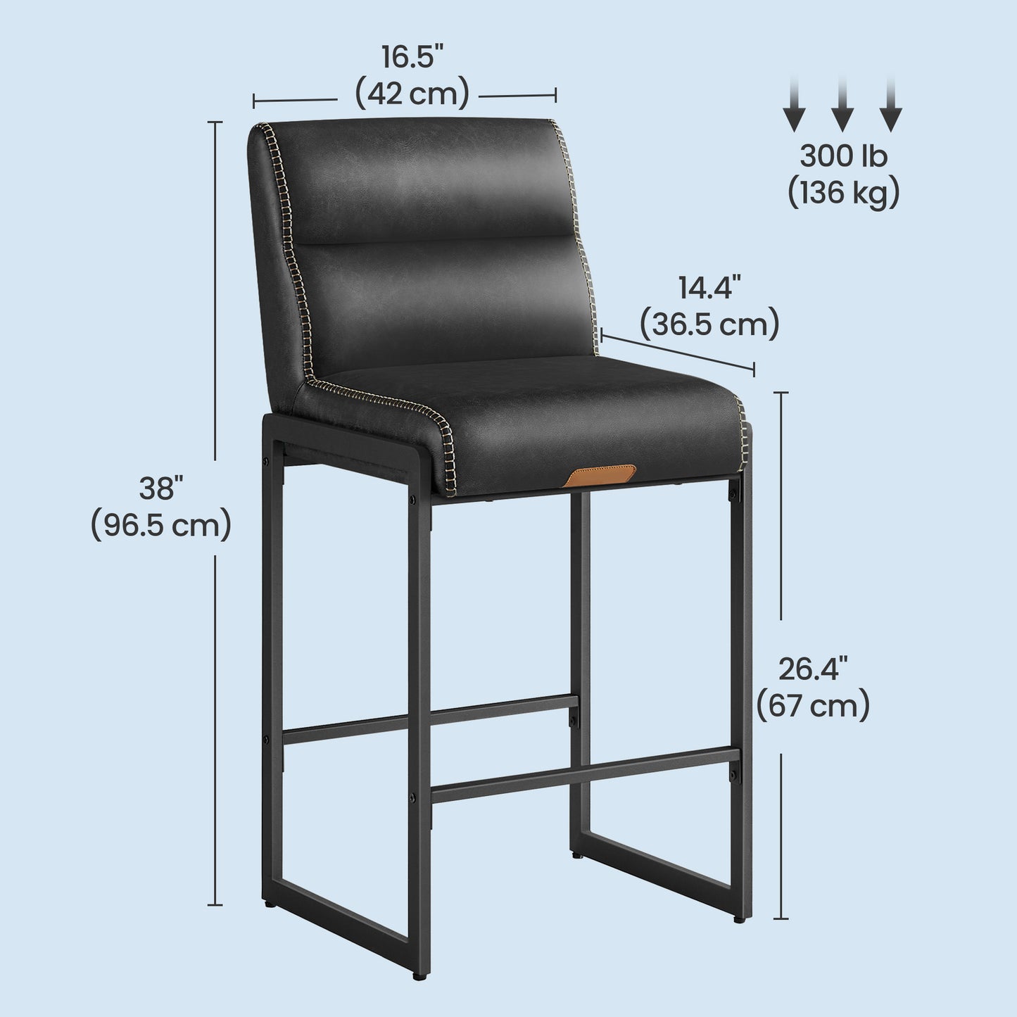 Bar Stools Set of 2, Counter Height Dining Chairs with Backs & Ergonomic Seat, Mid-Century Modern with Synthetic Leather Stitching, Integrated Back Pocket, Ink Black