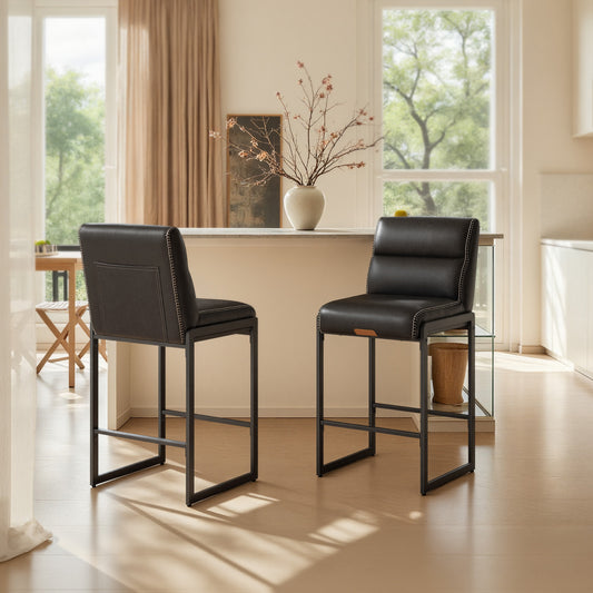 Bar Stools Set of 2, Counter Height Dining Chairs with Backs & Ergonomic Seat, Mid-Century Modern with Synthetic Leather Stitching, Integrated Back Pocket, Ink Black