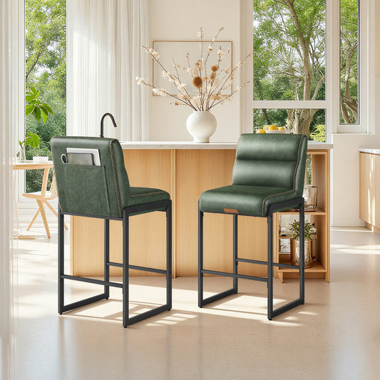 Bar Stools Set of 2, Counter Height Dining Chairs with Backs & Ergonomic Seat, Mid-Century Modern with Synthetic Leather Stitching, Integrated Back Pocket, Forest Green