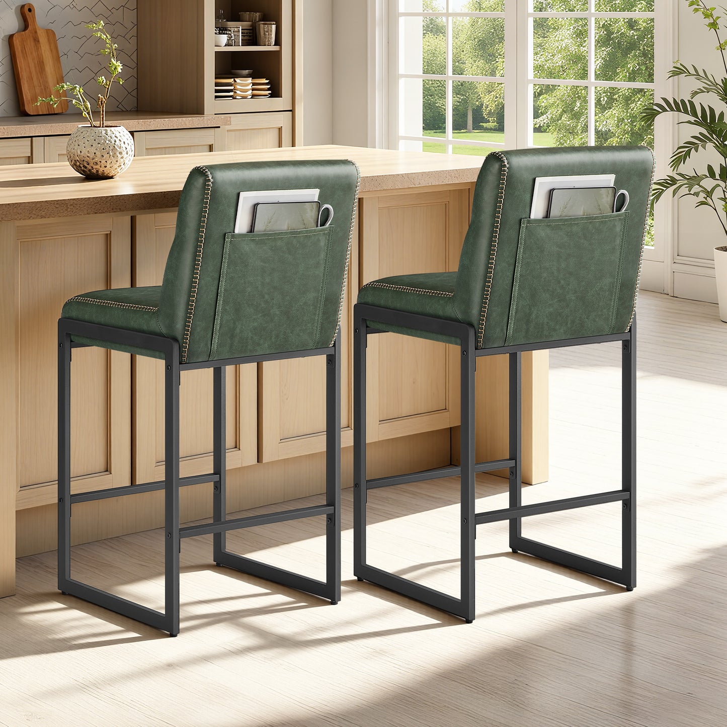 Bar Stools Set of 2, Counter Height Dining Chairs with Backs & Ergonomic Seat, Mid-Century Modern with Synthetic Leather Stitching, Integrated Back Pocket, Forest Green